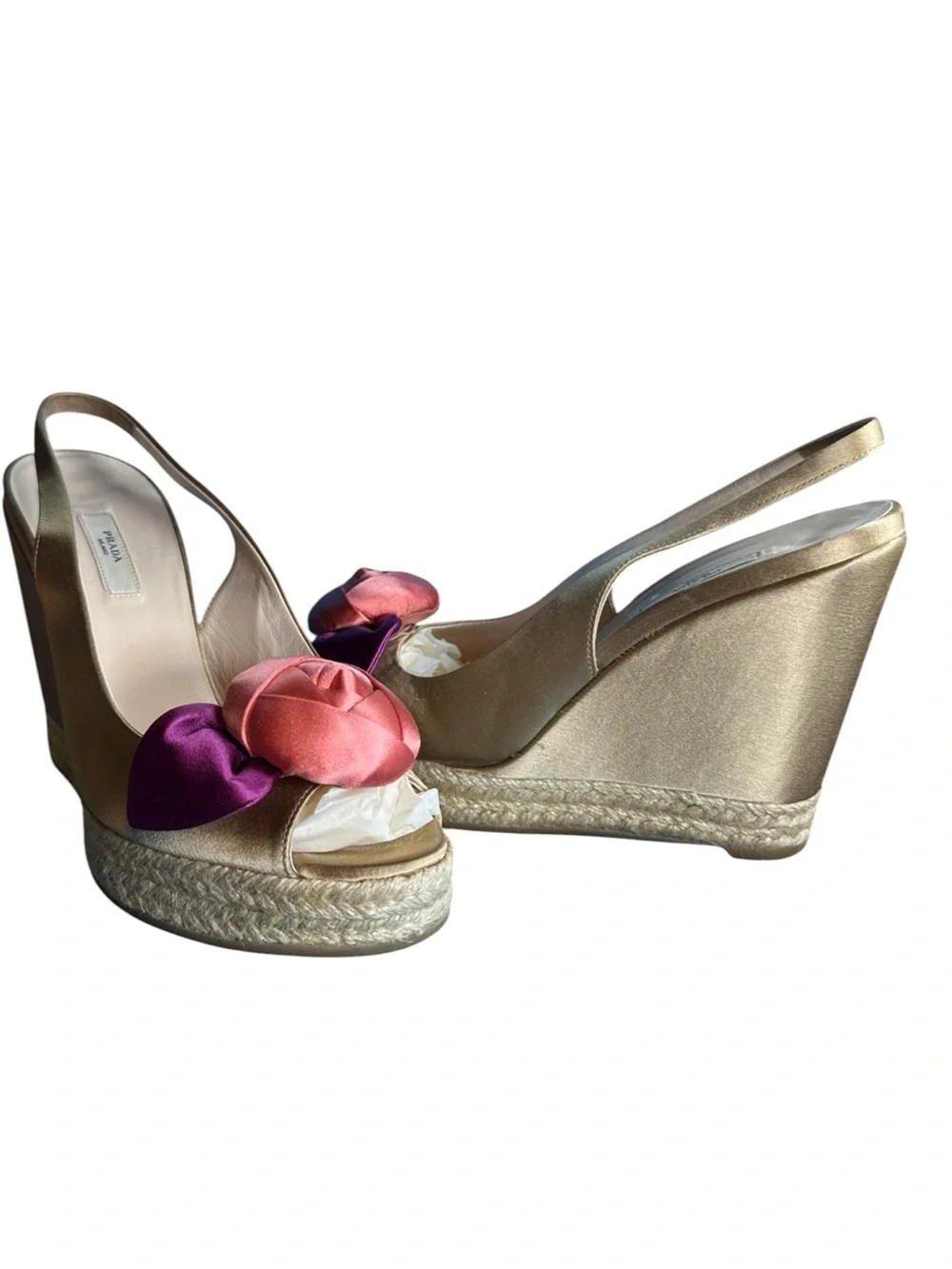 Prada Milano Champagne Satin  Rose Espadrille Wedge  Sandals Size 36 US 6